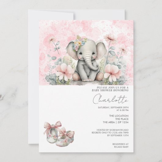 かわいい象の赤ちゃん花付き女の子の赤ちゃんシャワー 招待状 (正面)