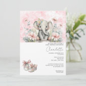 かわいい象の赤ちゃん花付き女の子の赤ちゃんシャワー 招待状 (スタンド正面)