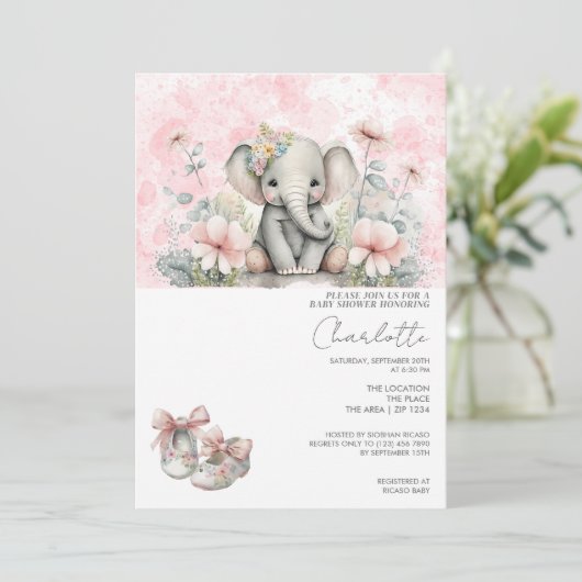 かわいい象の赤ちゃん花付き女の子の赤ちゃんシャワー 招待状 (スタンド正面)