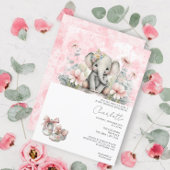 かわいい象の赤ちゃん花付き女の子の赤ちゃんシャワー 招待状