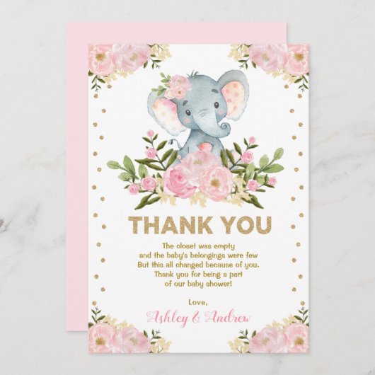 かわいい象の赤面のピンクの金ゴールドの花のベビーシャワー サンキューカード (正面/裏面)