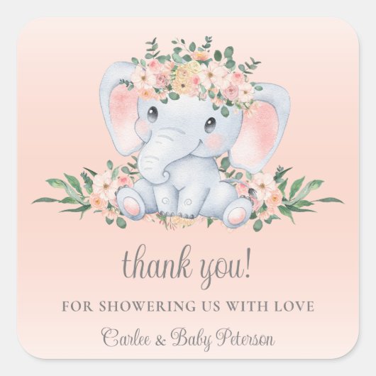 かわいい象の赤面ピンクのフローラ女の子ベビーシャワー スクエアシール (正面)
