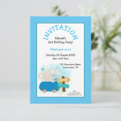 かわいい象の車の少年の誕生日パーティーブルー 招待状 (スタンド正面)