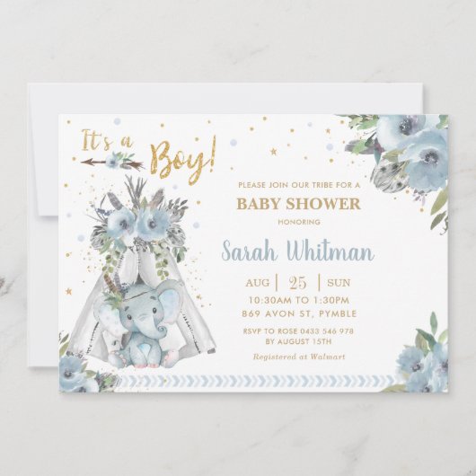 かわいい象の部族的な青い金ゴールドボーイベビーシャワー 招待状 (正面)