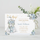 かわいい象の部族的な青い金ゴールドボーイベビーシャワー 招待状 (スタンド正面)