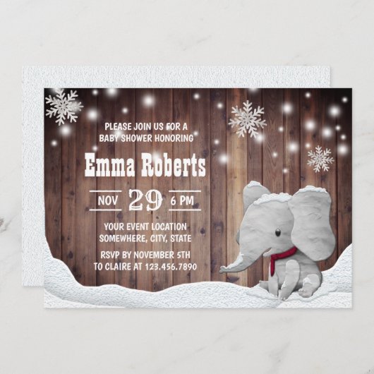 かわいい象の雪の結晶素朴冬の赤ちゃんシャワー 招待状 (正面/裏面)