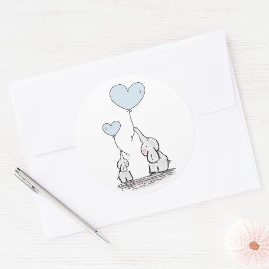 かわいい象の青いハートバルーン少年の赤ちゃんシャワー ラウンドシール (封筒)