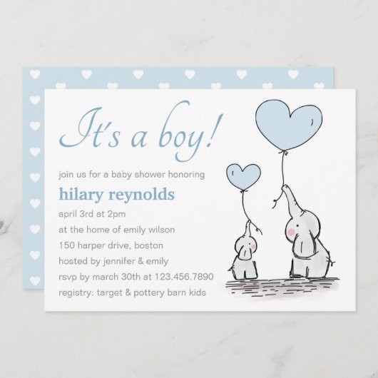 かわいい象の青いハートバルーン少年の赤ちゃんシャワー 招待状 (正面/裏面)