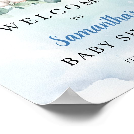 かわいい象の青いフローラベビーシャワーへようこそ ポスター (角)