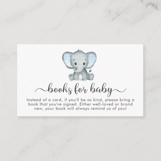 かわいい象の青い本で赤ちゃんシャワー エンクロージャーカード (正面)