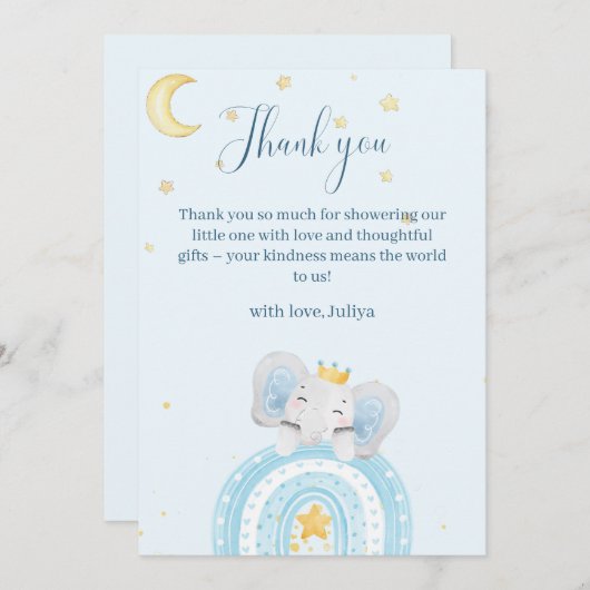 かわいい象の青い男の子の赤ちゃんシャワー サンキューカード (正面/裏面)