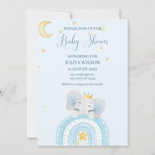 かわいい象の青い男の子の赤ちゃんシャワー 招待状 (正面)