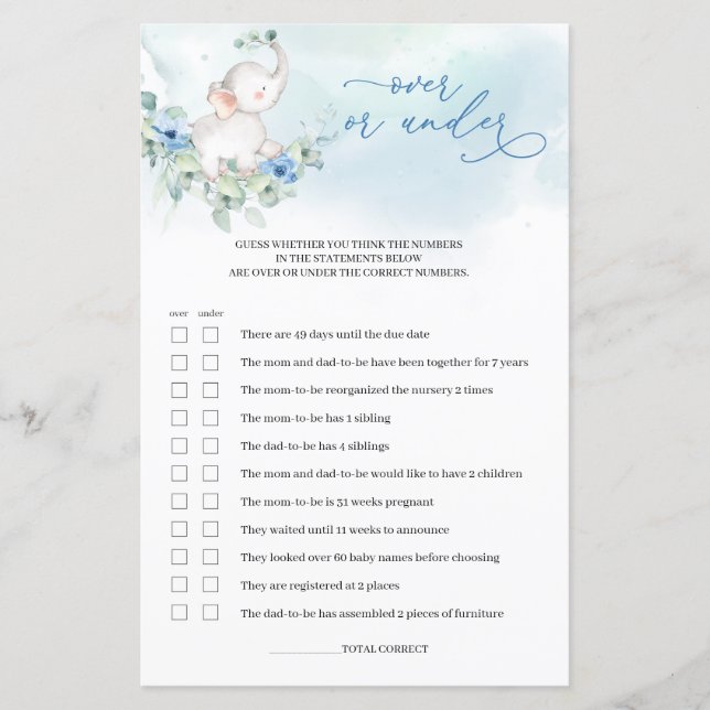 かわいい象の青い花の上または下ベビーゲーム (正面)