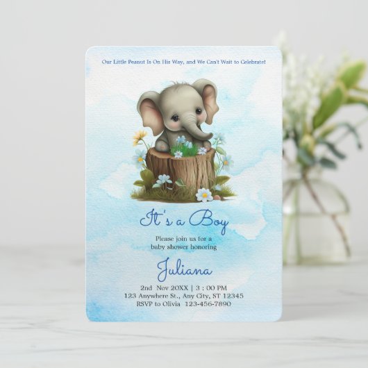 かわいい象の青い赤ちゃんシャワーその男の子 招待状 (スタンド正面)