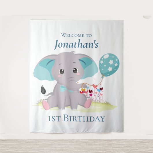かわいい象の風船の少年誕生日背景 タペストリー (正面)