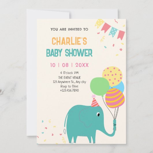 かわいい象の風船の赤ちゃんシャワー 招待状 (正面)