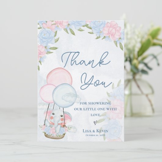 かわいい象の風船ピンクのフローラ赤ちゃんシャワー サンキューカード (スタンド正面)