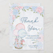 かわいい象の風船ピンクのフローラ赤ちゃんシャワー サンキューカード (正面/裏面)