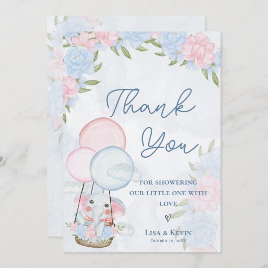 かわいい象の風船ピンクのフローラ赤ちゃんシャワー サンキューカード (正面/裏面)