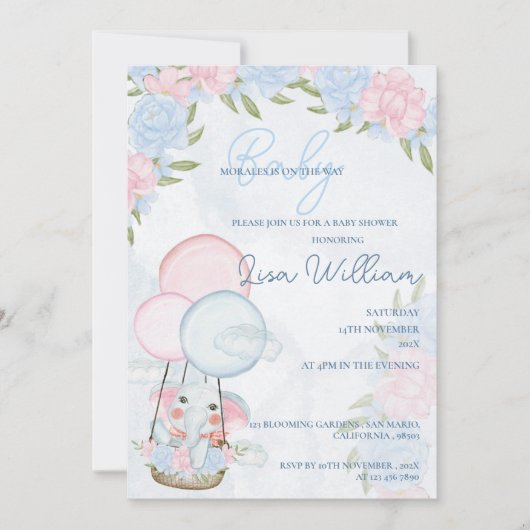 かわいい象の風船ピンクのフローラ赤ちゃんシャワー 招待状 (正面)