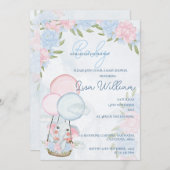 かわいい象の風船ピンクのフローラ赤ちゃんシャワー 招待状 (正面/裏面)