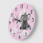かわいい象の風船ベビーガールピンク子供部屋 ラージ壁時計 (傾斜)