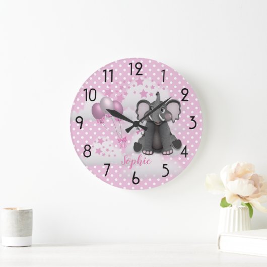 かわいい象の風船ベビーガールピンク子供部屋 ラージ壁時計 (ホーム)