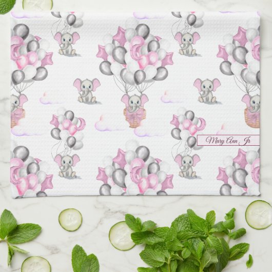かわいい象の風船&雲ベビーガール キッチンタオル (折り畳み)