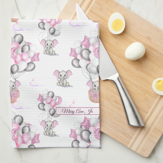 かわいい象の風船&雲ベビーガール キッチンタオル (四つ折り)