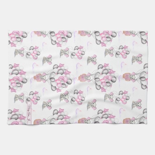 かわいい象の風船&雲ベビーガール キッチンタオル (横)