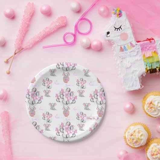 かわいい象の風船&雲ベビーガール ペーパープレート (パーティー)