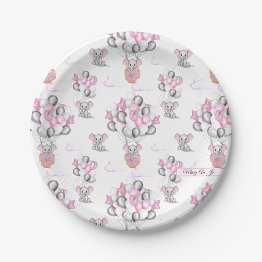 かわいい象の風船&雲ベビーガール ペーパープレート (正面)