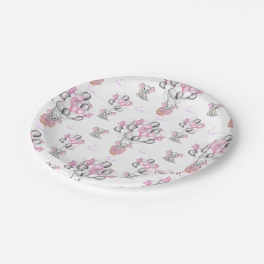 かわいい象の風船&雲ベビーガール ペーパープレート (アングル)