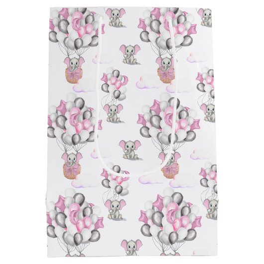 かわいい象の風船&雲ベビーガール ミディアムペーパーバッグ (裏面)