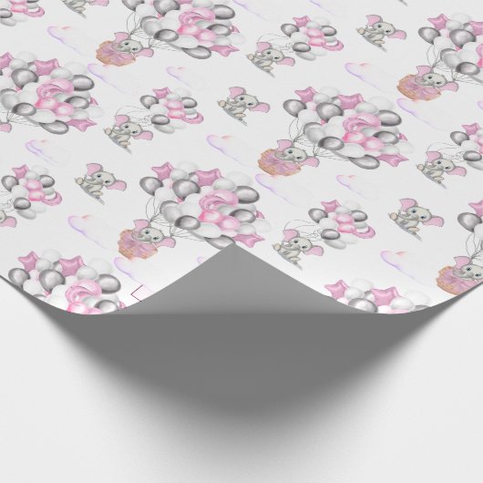 かわいい象の風船&雲ベビーガール ラッピングペーパー (角)