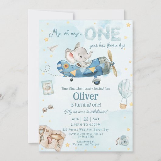 かわいい象の飛行機タイムフライ1歳の誕生日 招待状 (正面)