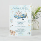 かわいい象の飛行機タイムフライ1歳の誕生日 招待状 (スタンド正面)