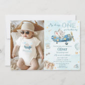 かわいい象の飛行機タイムフライ1歳の誕生日 招待状 (正面)