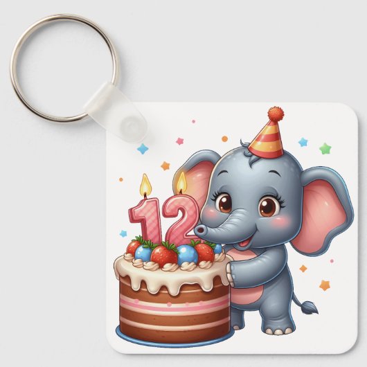 かわいい象の12歳の誕生日 キーホルダー (正面)