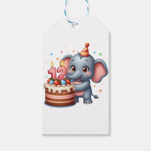 かわいい象の12歳の誕生日 ギフトタグ (正面)