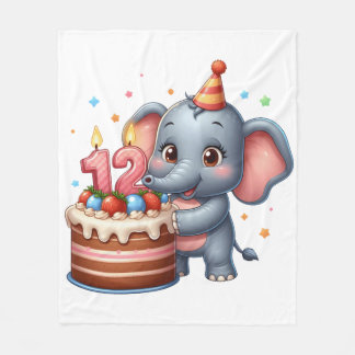 かわいい象の12歳の誕生日 フリースブランケット