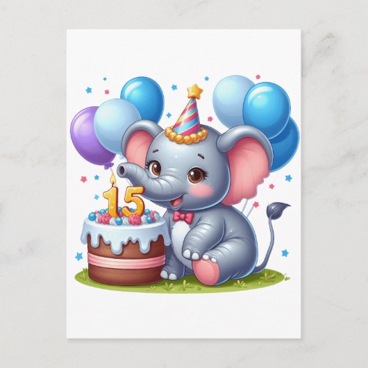 かわいい象の15歳の誕生日 ポストカード (正面)