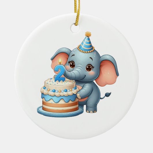 かわいい象の2歳の誕生日 セラミックオーナメント (正面)