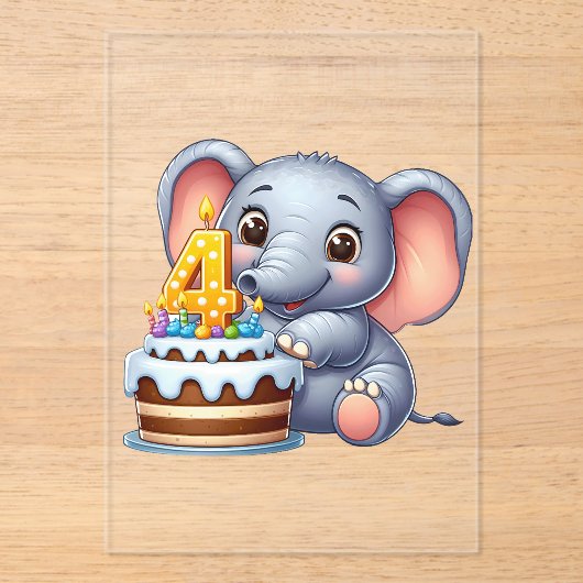 かわいい象の4歳の誕生日 アクリル招待状 (正面)