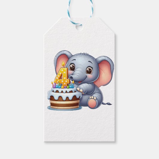 かわいい象の4歳の誕生日 ギフトタグ (正面)
