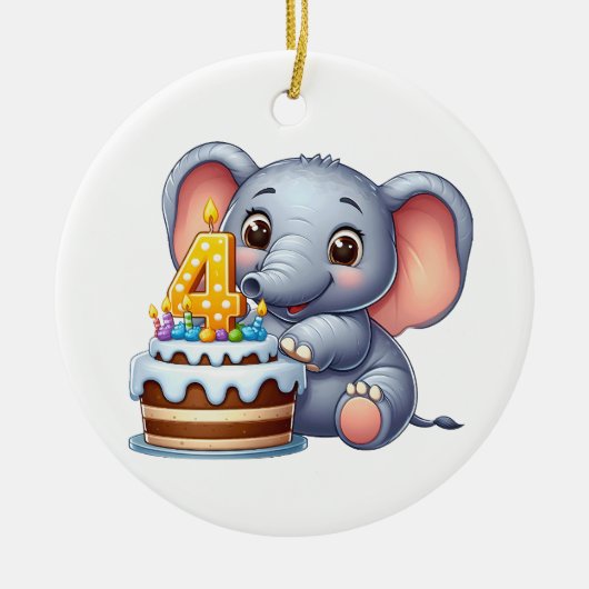 かわいい象の4歳の誕生日 セラミックオーナメント (正面)