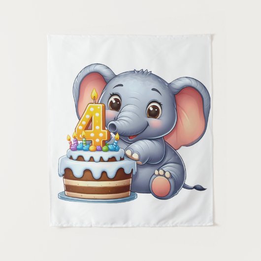 かわいい象の4歳の誕生日 タペストリー (正面)
