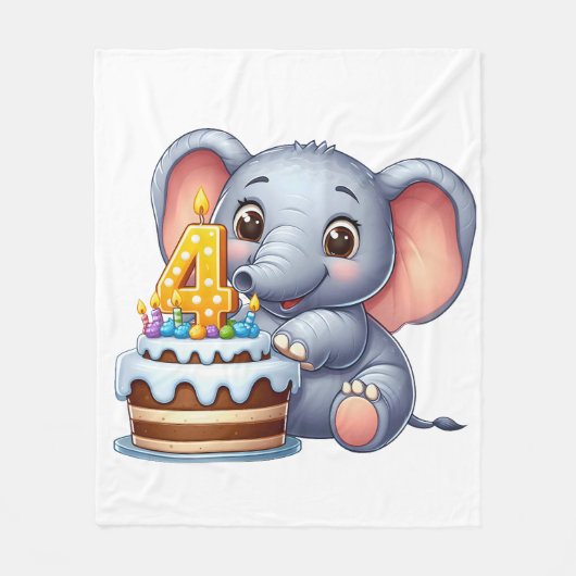かわいい象の4歳の誕生日 フリースブランケット (正面)