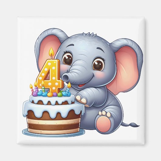 かわいい象の4歳の誕生日 マグネット (正面)