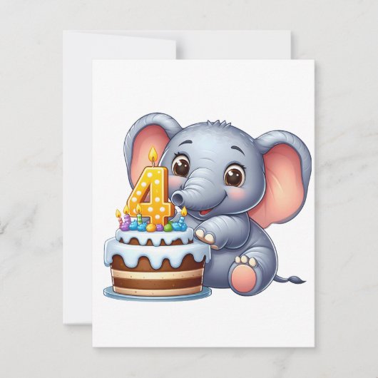 かわいい象の4歳の誕生日 招待状 (正面)